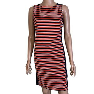 Michael Kors dress form fitting knee length black and orange striped SZ 2